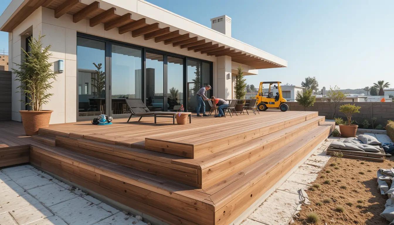 Modern synthetic decking installation during Israeli winter